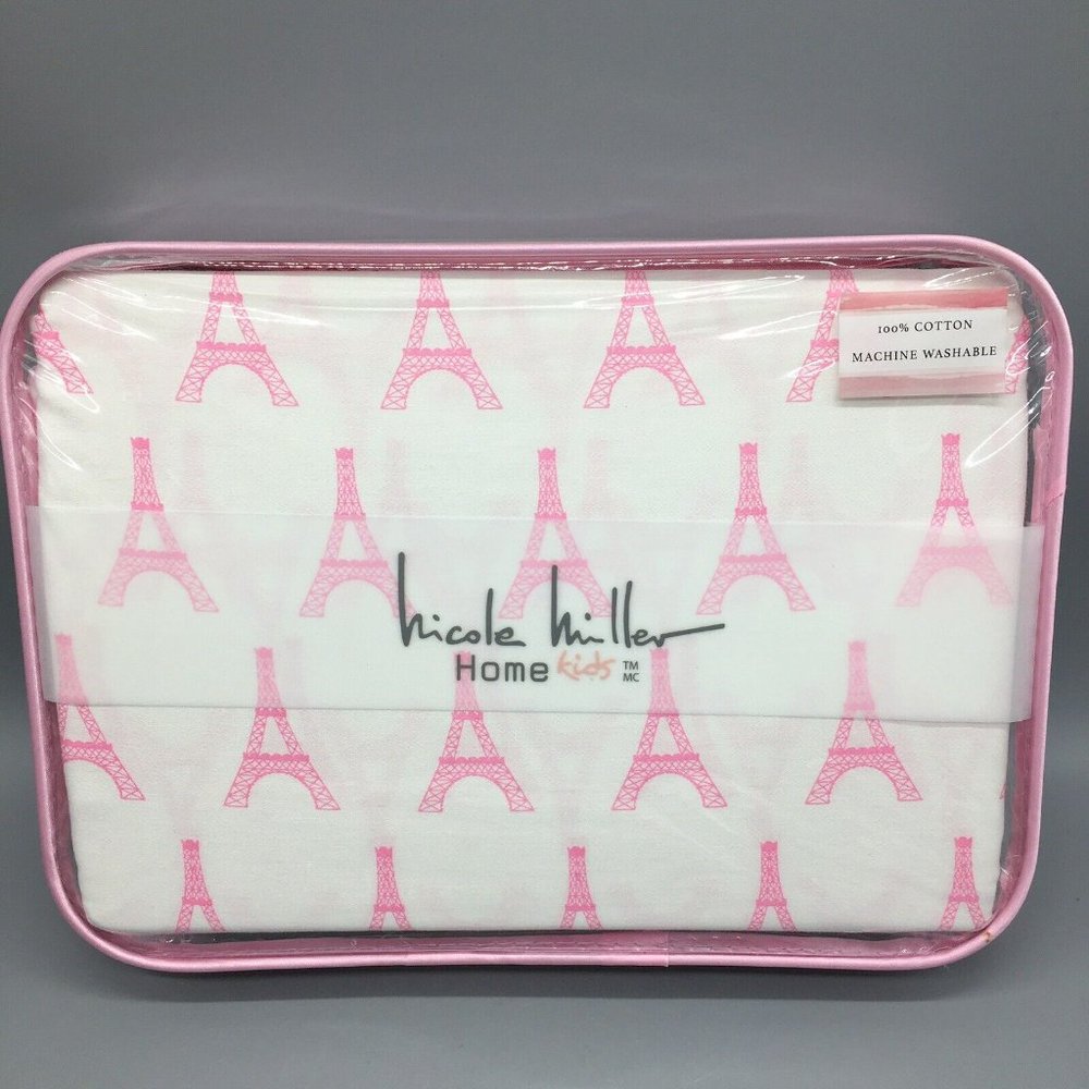 3pc Nicole Miller Paris Eiffel Tower TWIN Sheet Set Hot Pink White Kids Cotton